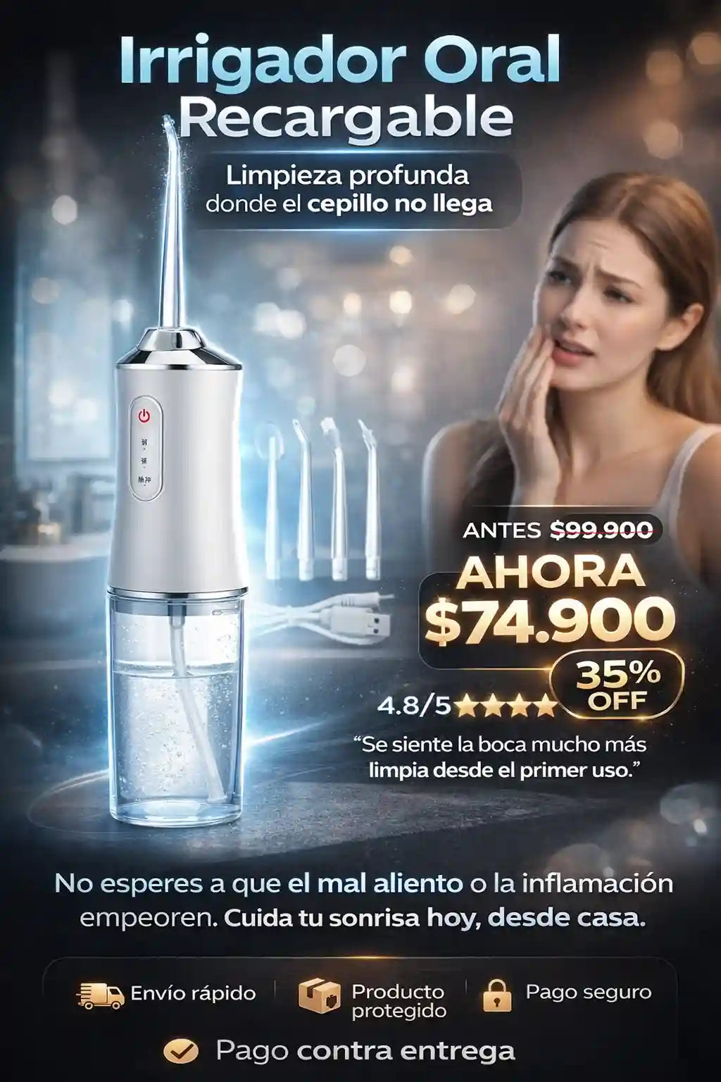 Irrigador Oral Recargable + 4 Boquillas